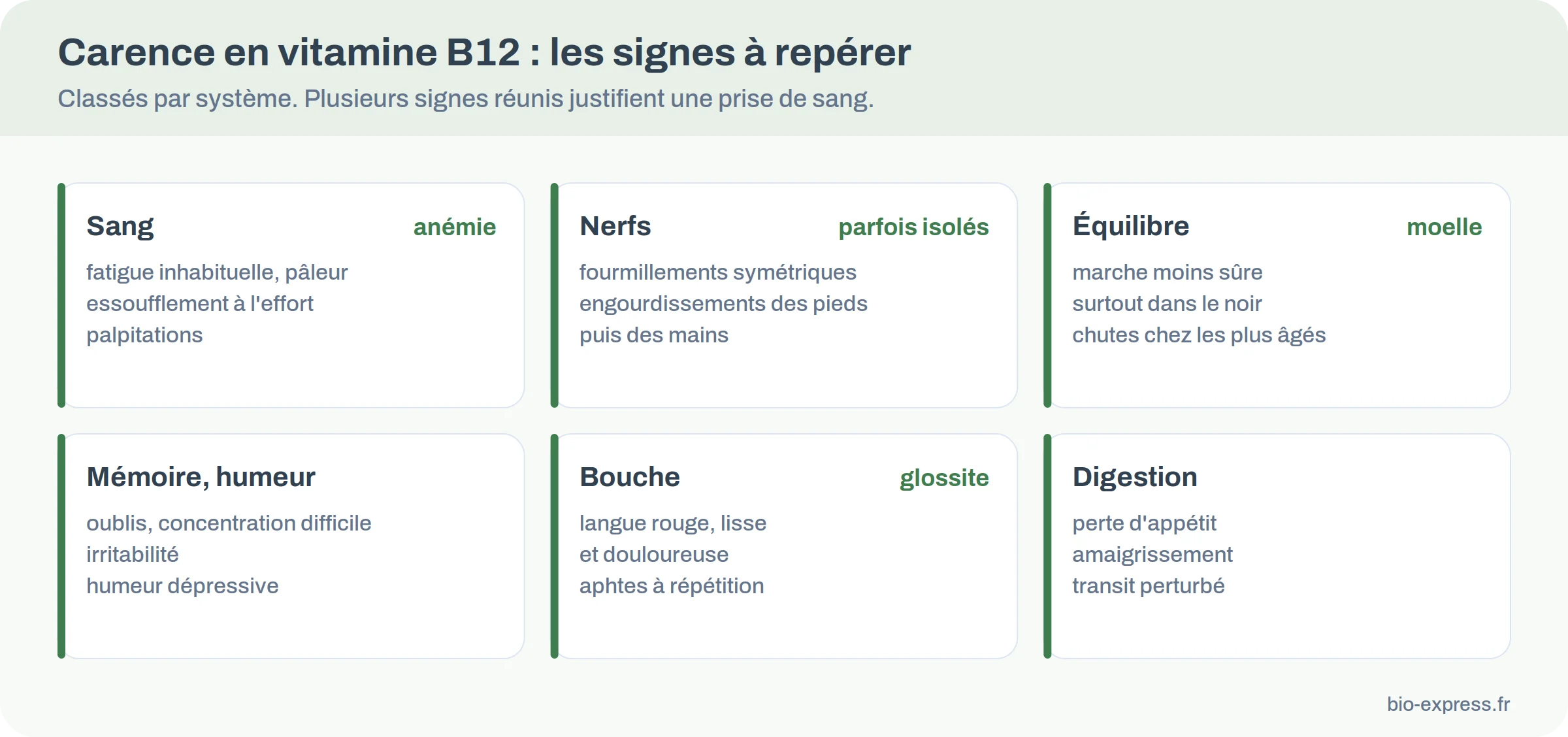 Les signes d'une carence en vitamine B12 classés par système : sang, nerfs, équilibre, mémoire, bouche, digestion