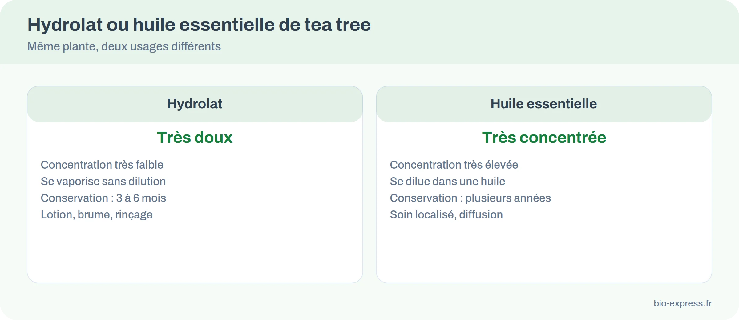 Comparatif en deux colonnes entre l’hydrolat et l’huile essentielle de tea tree : concentration, application, conservation